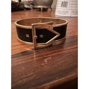 Vintage Belt Buckle Black Gold Tone Bangle Cuff Bracelet Hinged 6.5”